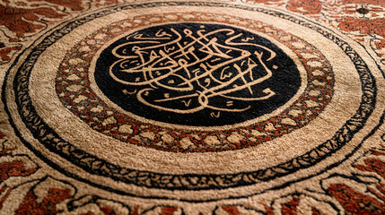 Obraz premium view of a Middle Eastern carpet with symmetrical motifs, with Arabic calligraphy etched into the center of the design, blending art and culture 
