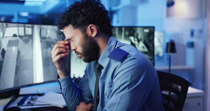Tired, security guard or man with headaches or cctv screen in night or late shift for safety or video surveillance. Stress, digital monitor and person with migraine in control room for protection