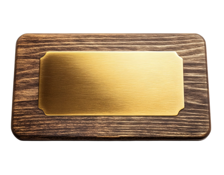 Wooden board with gold plate isolated on white background. plaque with gold overlay for text