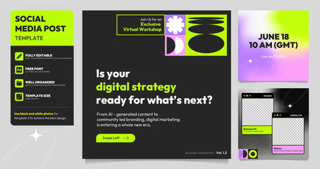Webinar Social Media post template. Modern banner with abstract glow effect gradient background and geometric design elements. Vector design with place for the photo. Suitable for social media