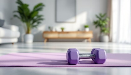 A purple dumbbell rests on a yoga mat in a spacious room filled with natural light and greenery, creating a calming workout environment