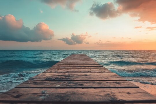 Fototapeta Wooden pier at sunset over tranquil ocean