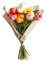Colorful bouquet of mixed flowers wrapped in brown paper.