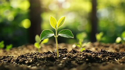 A small sprout grows towards the sunlight through the dark earth, life beginning anew with vigor