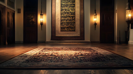 patterned Middle Eastern carpet on the floor, with a large piece of Arabic calligraphy hanging on the wall in the background, illuminated by soft lighting 