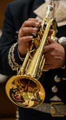 Fototapeta premium Mariachi Band. Mariachi Musician Playing Trumpet in a Festive Mood in Costume
