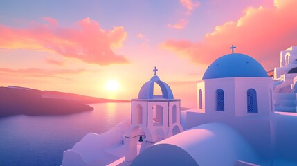 Obraz premium Pink Sunset over Aegean Sea with Whitewashed Churches