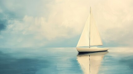 Fototapeta premium Abstract sailboat on calm waters. Soft brush strokes and simple lines. Creamy pale sails with delicate textures. Cool blue sky. Abstract reflection on water surface. Contemporary minimalist style.
