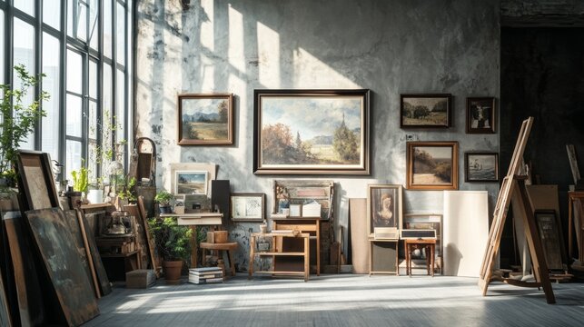 Naklejki Vintage painter’s studio with easels and classic artworks
