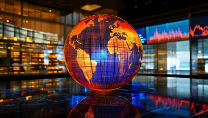 Global data visualization, illuminated world globe in a modern financial center