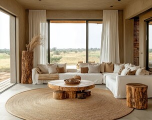 Fototapeta premium Modern rustic living room with natural elements and serene landscape view in earthy tones and minimalistic decor