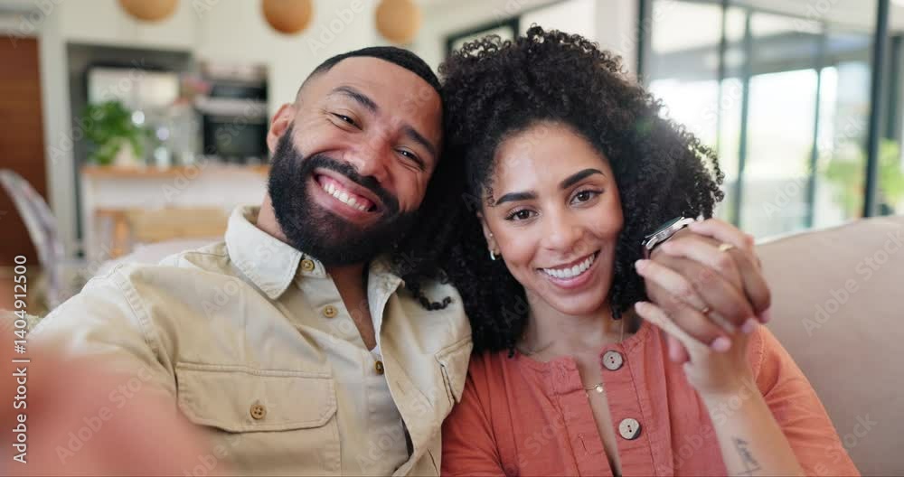 Poster Couple, selfie and smile on face with sofa in home for memory with holding hands on web blog. Man, woman and lounge couch for photography, profile picture or happy for social media post in Colombia