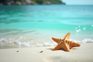 Beautiful starfish on a sandy tropical beach with gentle ocean waves, turquoise water, and a serene coastal background, evoking a peaceful and relaxing summer vacation vibe 