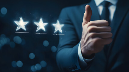 Excellent feedback, three stars for your work. A professional in a tailored suit gives a thumbs-up gesture, representing customer satisfaction. This is set against a backdrop of glowing star icons