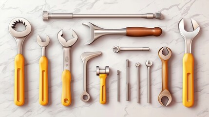 Antique tools collection displayed on marble surface vintage style illustration brown tones