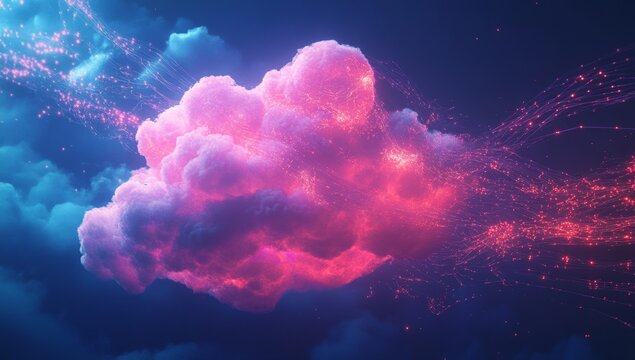 Abstract cloud, digital network.  A vibrant pink cloud, illuminated by a luminous network of particles, suggestive of data flow in a digital cloud environment.  Night sky backdrop