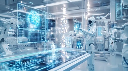 Fototapeta premium Futuristic Factory: A Humanoid Robot Interacts with Advanced Holographic Technology