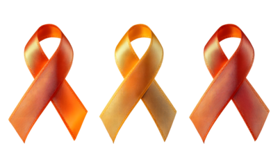 Set of orange ribbons for Symbol of leukemia cancer awareness month on a transparent background