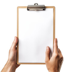 Hands holding a clipboard against a white background for notetaking or presenting information, hand holding a clipboard, white background