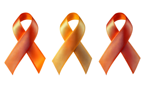 Set of orange ribbons for Symbol of leukemia cancer awareness month on a transparent background
