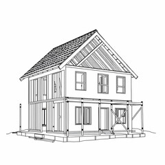 Two Story House Line Drawing Gabled Roof Front Porch Black And White Architectural Sketch Farmhouse Perspective Blueprint Style Illustration