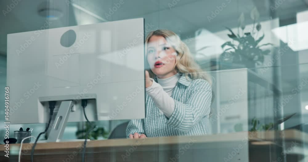 Poster computer, reading and research with business woman in office for web consultant, online advisor or p