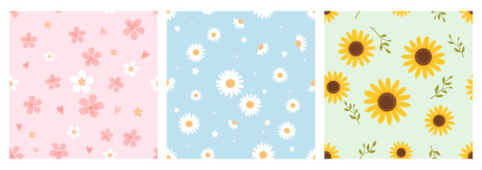 Seamless patterns with Cherry blossom Sakura flower, hand drawn hearts, daisy chamomile flower, sunflower and green branches on pink, blue and green backgrounds vector. Cute floral print. 