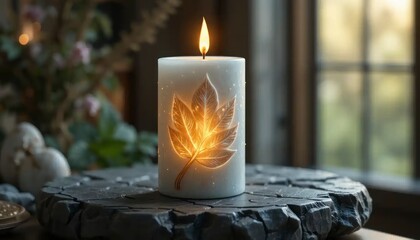 Ethereal glow: decorative candle illuminating serenity and autumnal charm indoors
