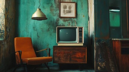 Vintage living room with TV and mustard yellow chair