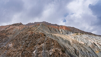 Scenic landscape view of Iskander darya valley geology and rock formations near Iskanderkul, Fann mountains, Sughd, Tajikistan