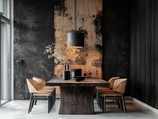Modern dining area with a dark wooden table, woven chairs, and abstract artwork creating a sophisticated and cozy ambiance.