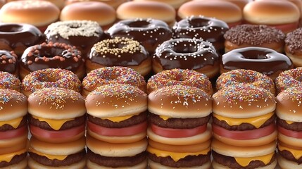 A colorful array of glazed and sprinkled doughnuts and stacked hamburgers.