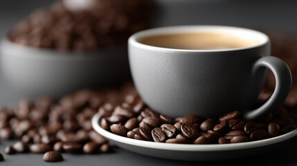 Fototapeta premium Coffee Beans in a Mug – Classic Coffee Lover’s Still Life Photography, coffee beans, coffee cup, roasted beans, warm tone, still life, caffeine, coffee aroma, vintage coffee, rustic, textured backgrou