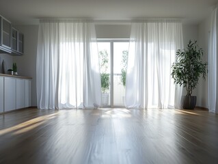 Obraz premium Bright and airy interior featuring hardwood floors, sheer curtains, and natural light streaming through the sliding door. Minimalist and clean design.