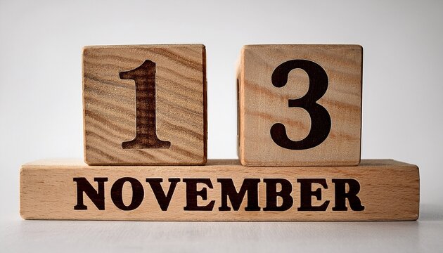 Minimalist photo of wooden blocks with date 13 November. Day and month, calendar on white background