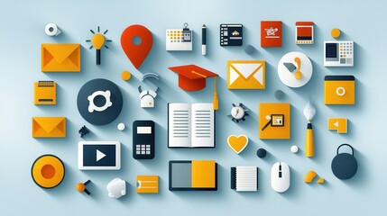 Flat online learning icons for graduation e-book digital education graphic design creative environment modern viewpoint