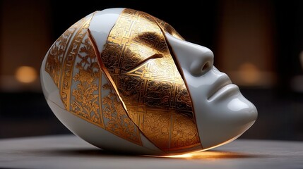 Mysterious elegant mask sculpture with gold and white design in dim lighting