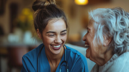 A home health care worker assists an elderly woman in her home A home health care worker assists an elderly woman in her home / Healthcare aide / Medical assistant