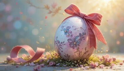 Delicate floral painted easter egg tied with a silky bow, soft spring light