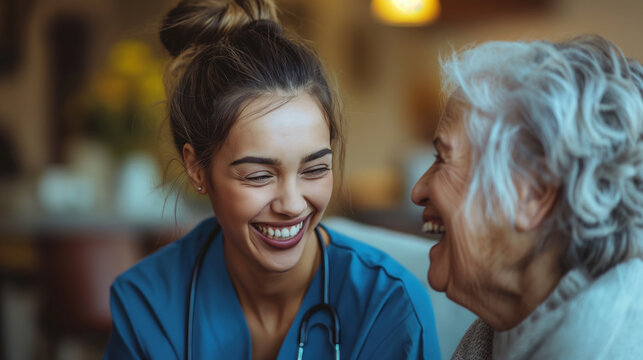 A home health care worker assists an elderly woman in her home A home health care worker assists an elderly woman in her home / Healthcare aide / Medical assistant