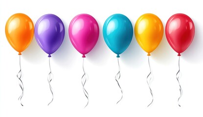 Colorful balloons in a row with bright hues of purple, pink, blue, orange, and yellow for festive occasions and celebrations