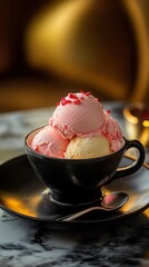 A delightful scoop of pink and vanilla ice cream, topped with refreshing raspberry bits.