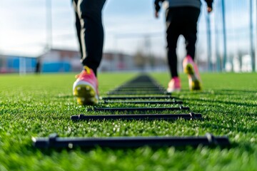 Two school boys are running ladder drills on the turf during football summer camp. Intense soccer training with coach