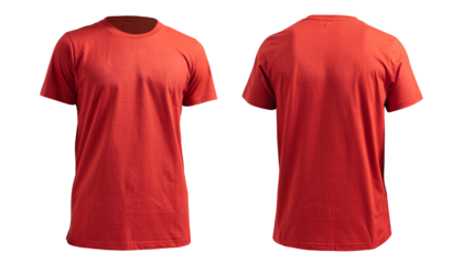 men's bright red t-shirt with ghost style model isolated on transparent background seen from front and back view