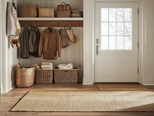 Inviting entryway with woven rug, baskets, and rustic storage. Functional and stylish design for a warm welcome. Practical home decor.