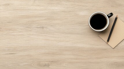 A wooden table with a cup of coffee and a pen on top.