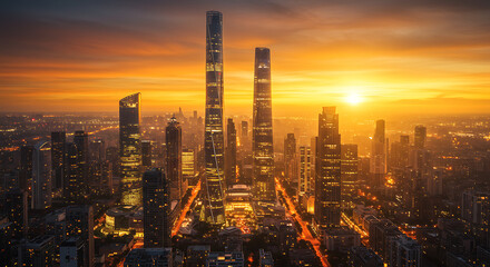 Obraz premium Golden Hour Metropolis: Cityscape Sunrise AI Generated