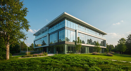 Modern Office Building: Green Space & Glass Facade AI Generated