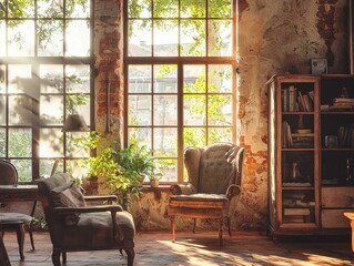 Sunlit room with rustic charm, featuring cozy armchairs, lush plants, and a vintage bookcase, creating a serene and inviting atmosphere.