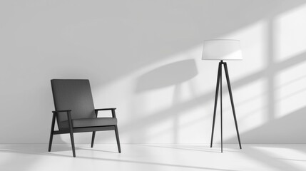 A modern black chair with a white lamp on a tripod stand.